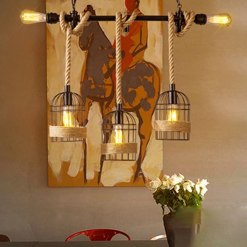 Birdcage Island Chandelier Lights Industrial Rope Chandelier Lighting Fixtures for Dining Table