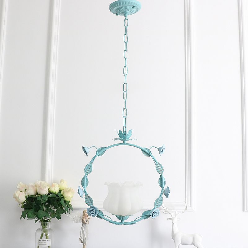 Pastoral Bud Ceiling Light Single-Bulb Cream Glass Hanging Pendant Light with Floral Hoop