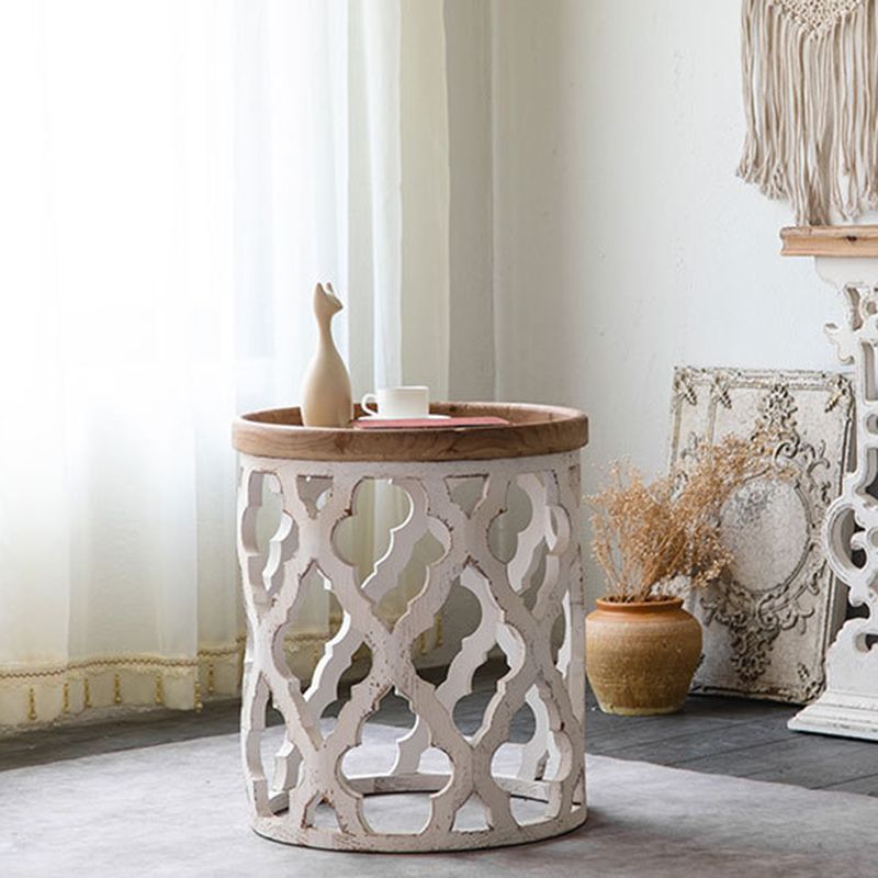 Rustic Drum Side Table Solid Wood Sofa Side Accent Table in Distressed White