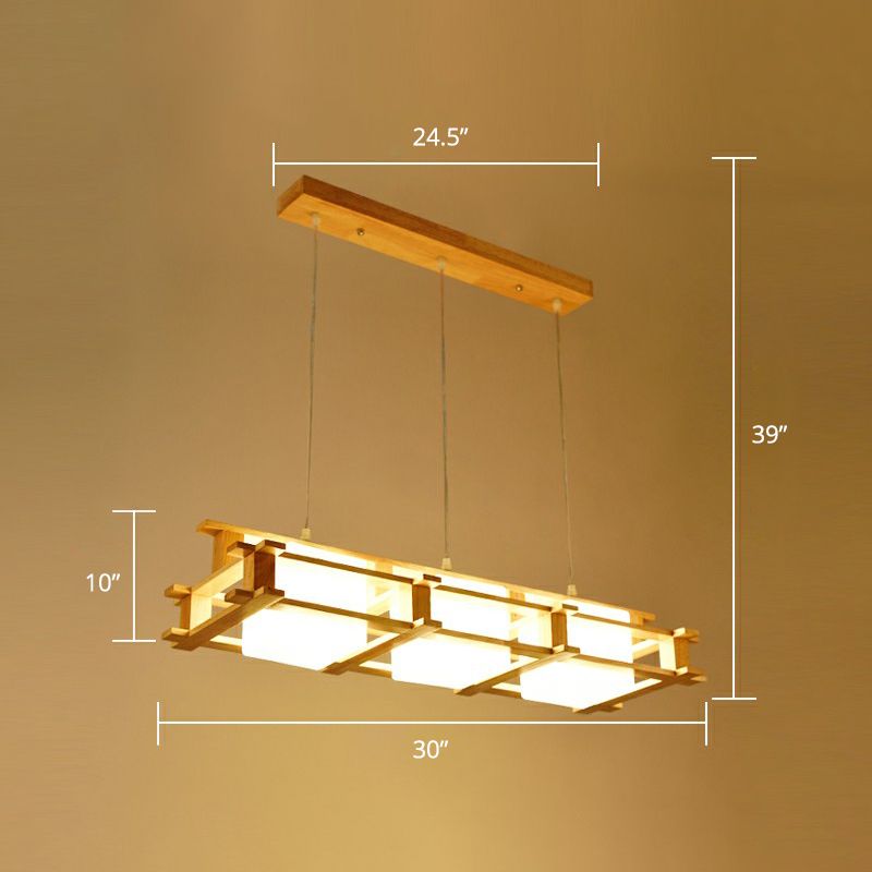 Milk Glass Rectangular Island Light Nordic 3 Lights Beige Suspension Lamp with Wooden Cage