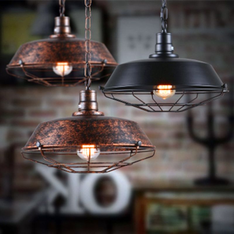 18 Inches Wide Retro Hanging Light with Iron Wire Cage Shade Industrial Style Single Bulb Lighting Fixture for Corridor Aisle