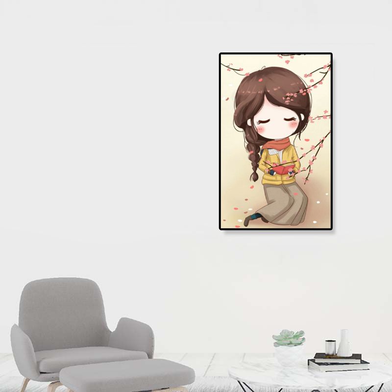 Cartoon Young Girl Art Print Soft Color Figure Drawing Canvas for Bedroom, Multiple Sizes