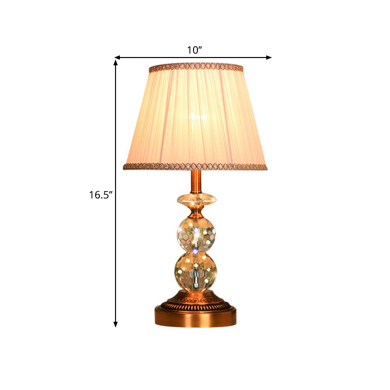 1 Bulb Pleated Fabric Night Stand Lamp Traditional Pink and White/Pink/Coffee Cylinder/Tapered Parlor Table Light with Faceted Crystal Orbs