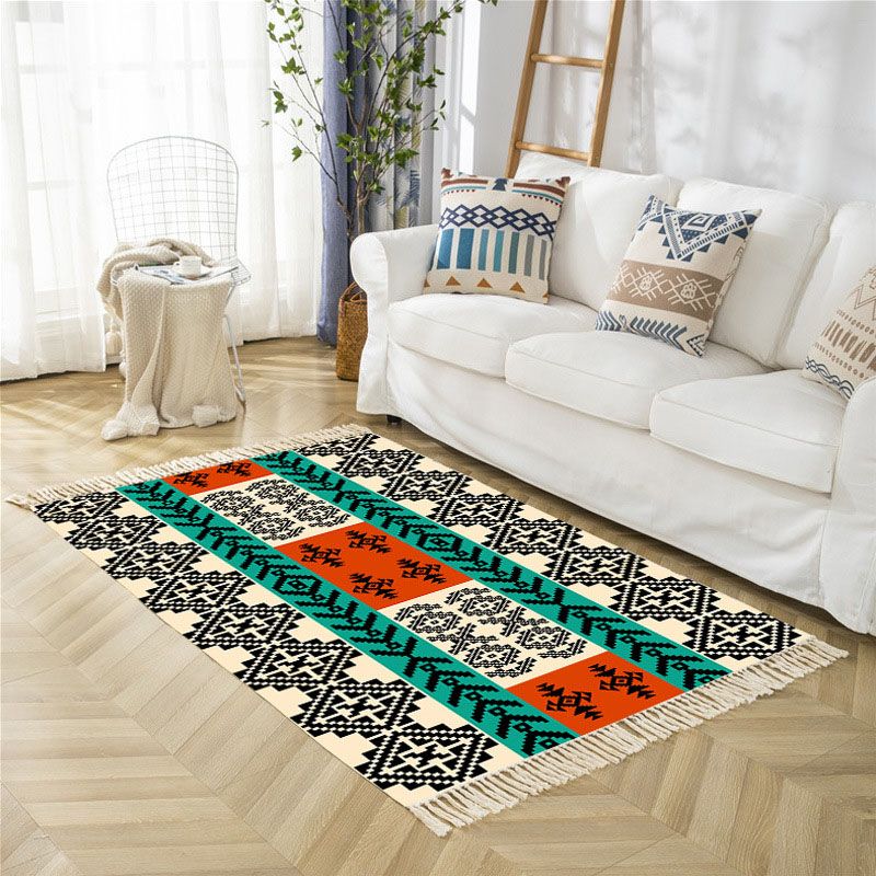 Beige Bohemian Rug Cotton Blended Graphic Rug Washable Rug for Bedroom
