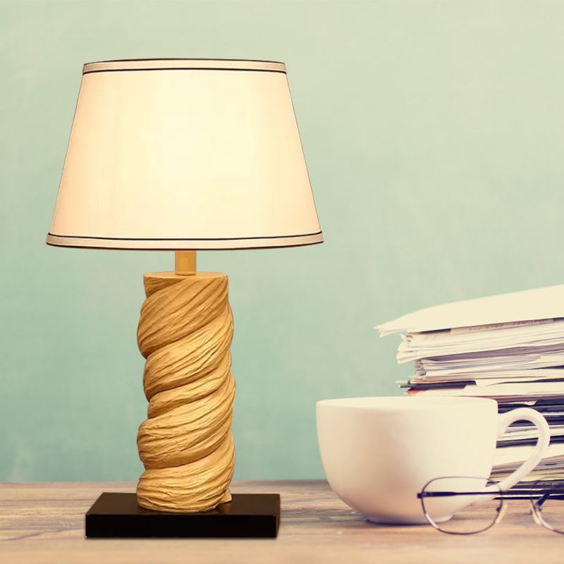 Conic Fabric Night Table Lighting Traditional 1-Light Bedroom Desk Light in White/Brown with Resin Twisted Column