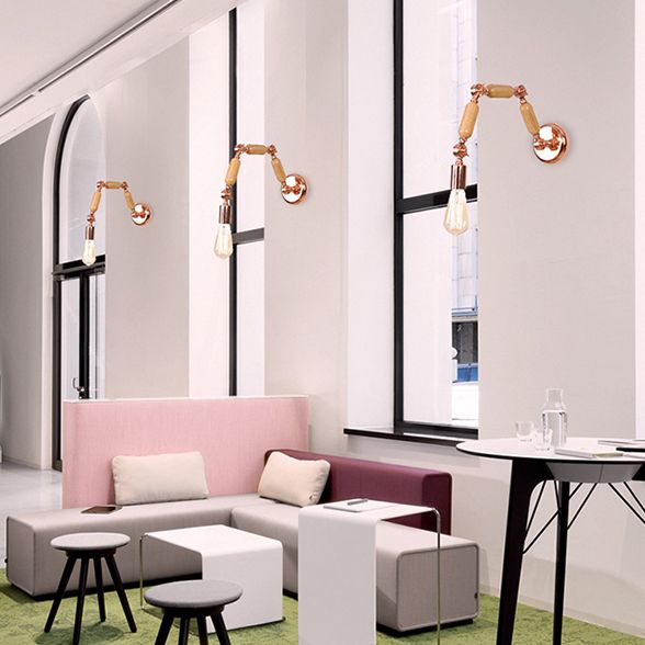 1 Head Bare Bulb Wall Sconce Industrial Style Rose Gold Wood and Metal Wall Light Fixture with Triple Joint