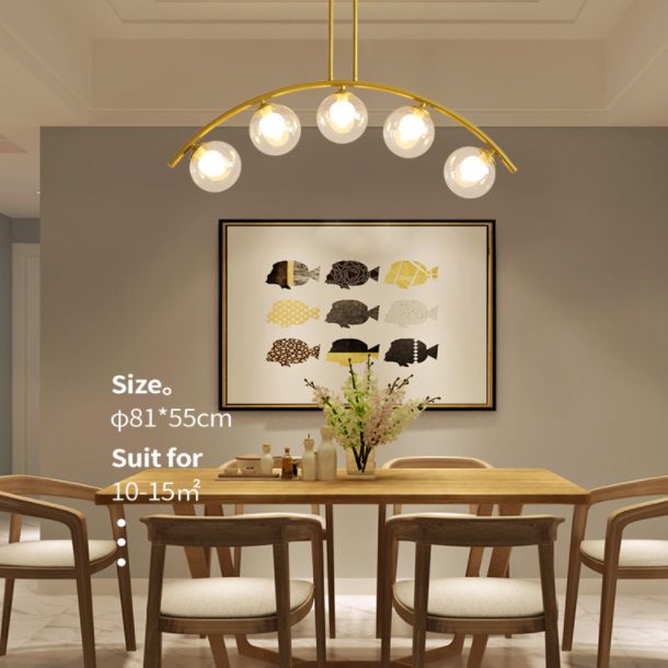 Mid-Century Modern Gold Metal Island Pendant Lighting Spherical Glass Island Ceiling Light for Dining Table