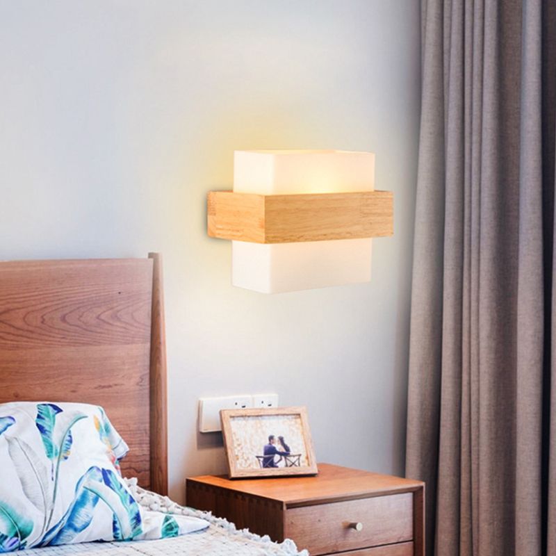 8.6" Wide Rectangular Modern Style Wall Lamp Simplicity Wooden Bedroom Sconces Light with White Glass Shade
