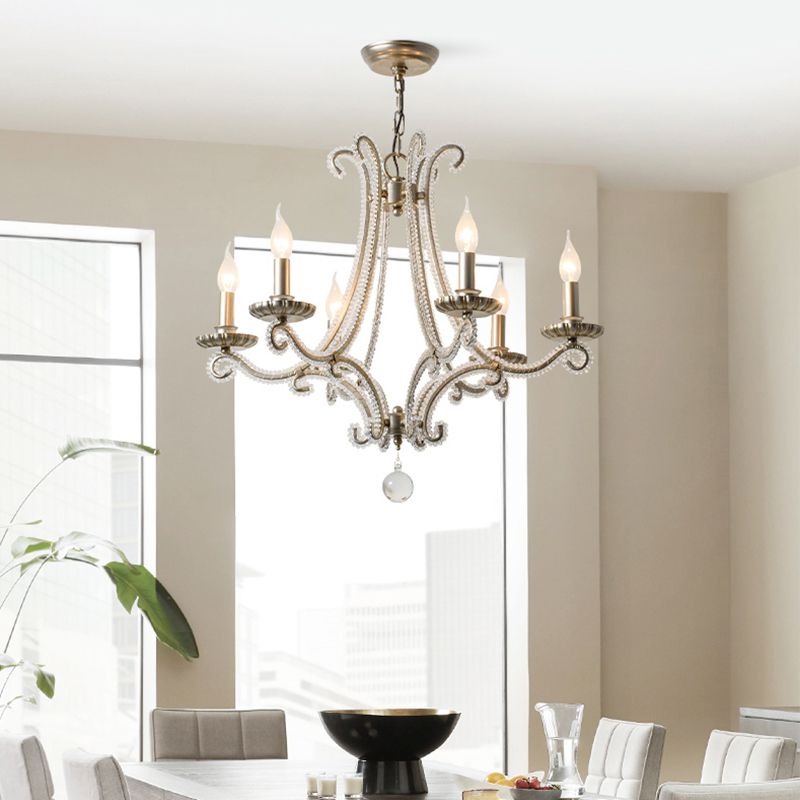 Nickel Finish 6-Bulb Ceiling Pendant Light Traditional Metal Candle Chandelier with Crystal Bead