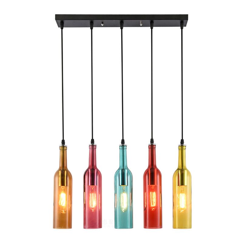5 Heads Linear Pendant Light Fixture Vintage Style Black Finish Glass Suspension Light with Bottle Shade