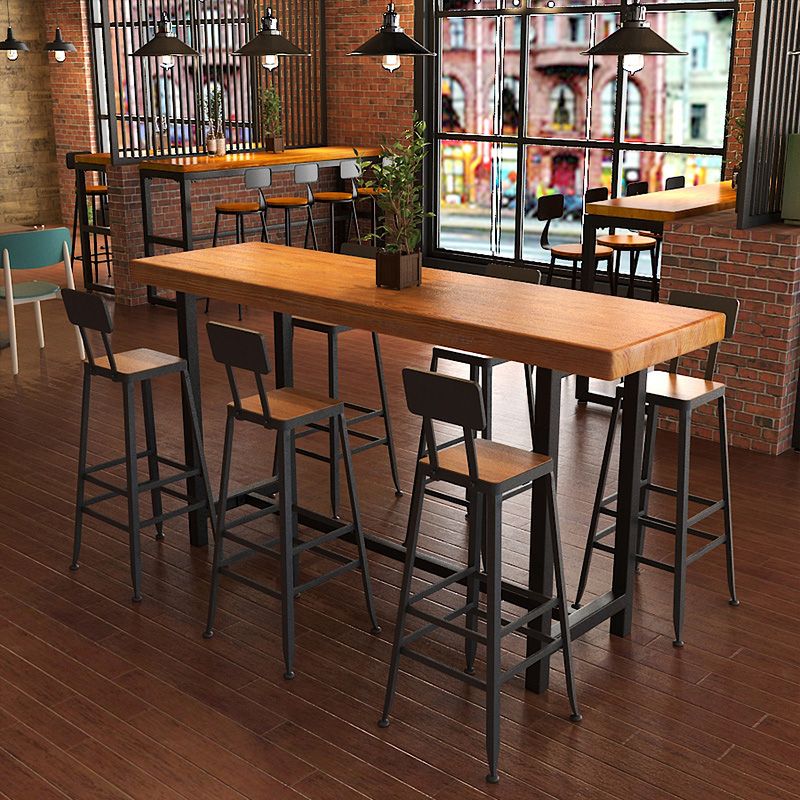 Industrial Style Bar Table Rectangle Solid Wood Bistro Bar Desk with Footrest