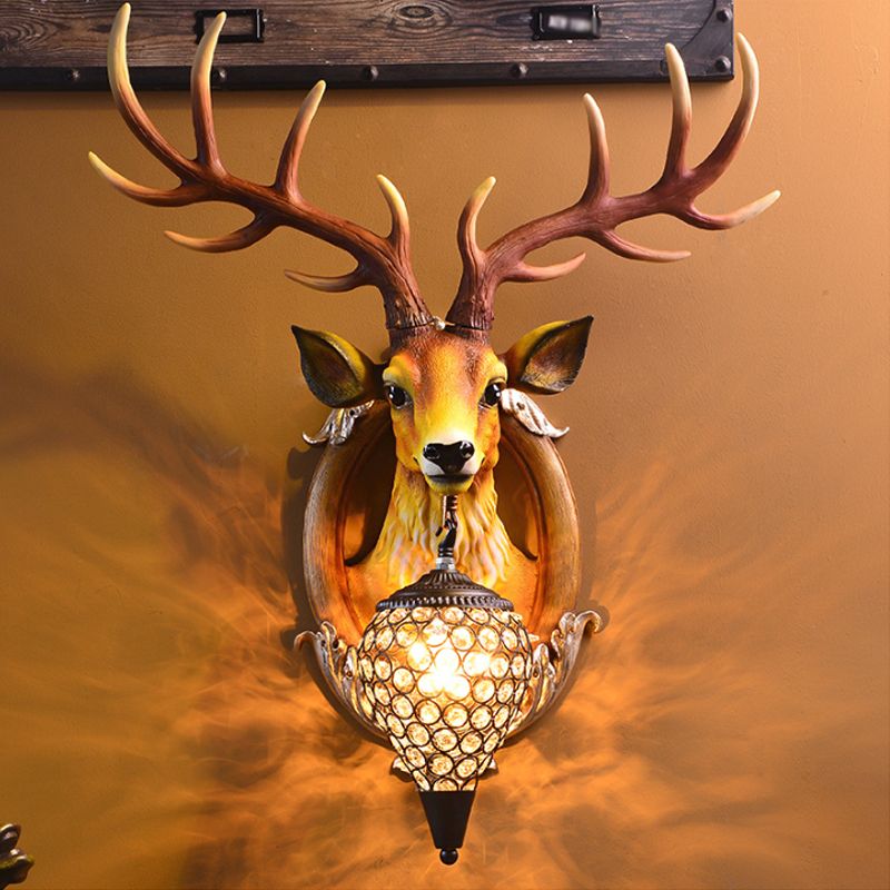 Testa di cervo soggiorno Scontro Sconce Light Farmhouse Resina Singola lampadina bianca/nero-bianco/nero a parete marrone con sfera con sfumatura cristallina smussata