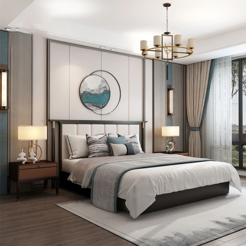 Mid-Century Modern Standard Bed Ash Upholstered Headboard Panel Bed