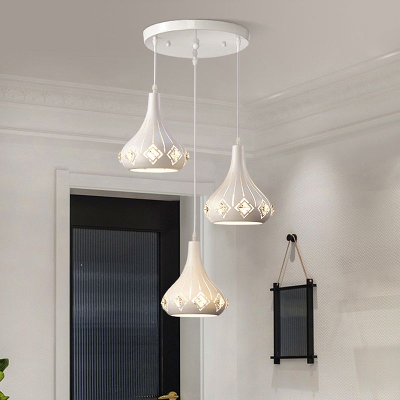 Modern Urn Shaped Multi Ceiling Light Metal 3-Bulb Restaurant Pendulum Lamp in White with Crystal Accent
