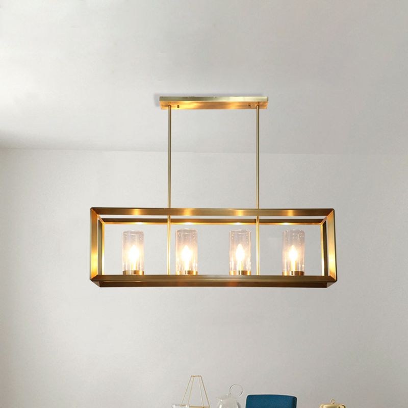 3/4 Bulbs Island Ceiling Light Colonial Cylindrical Clear Glass Suspension Lamp in Gold with Rectangle Metal Cage