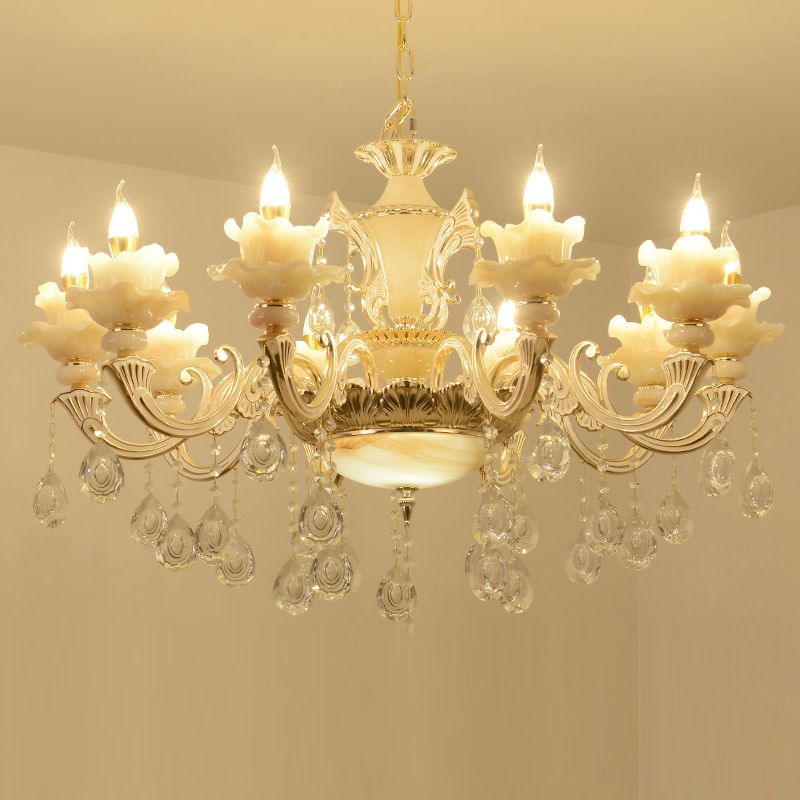 Gold Floral Ruffle Ceiling Lighting Traditional Jade Living Room Chandelier Light with Crystal Draping