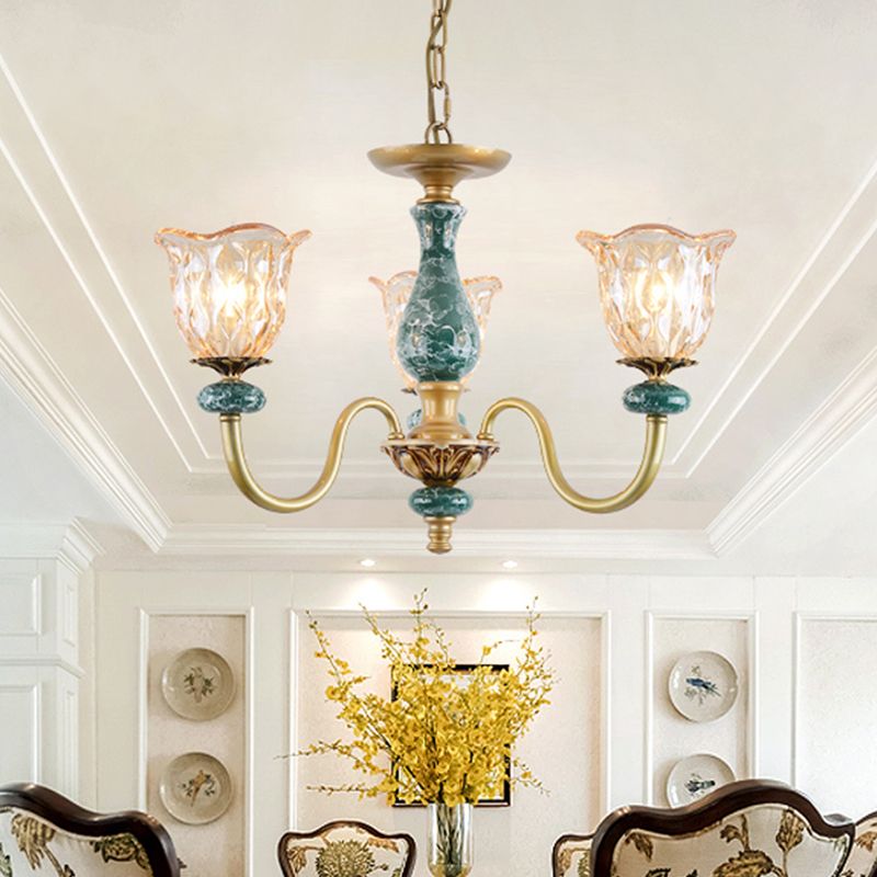 Landblüte Anhänger Kronleuchter 3/5/6 Köpfe Bräune Glasfederung Licht in Messing mit Keramik Akzent