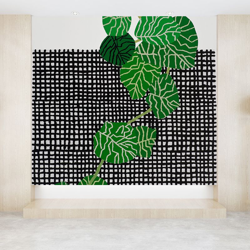 Plaid and Plant Wall Mural Modern Decorative Living Room Wall Covering, Custom Size Available
