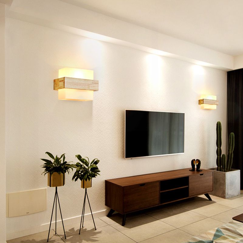 Log Color Rectangular Wall Lamp in Modern Simplicity Wooden Indoor Wall Light with Glass Shade