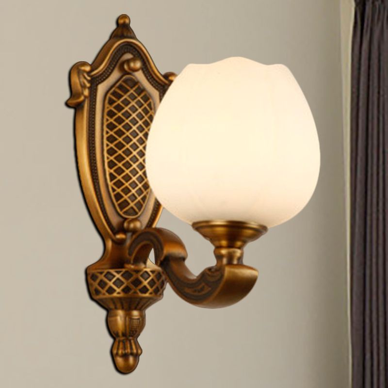 Bowl White Glass Wall Lamp Vintage Style 1/2-Head Bedroom Wall Sconce Light in Brass