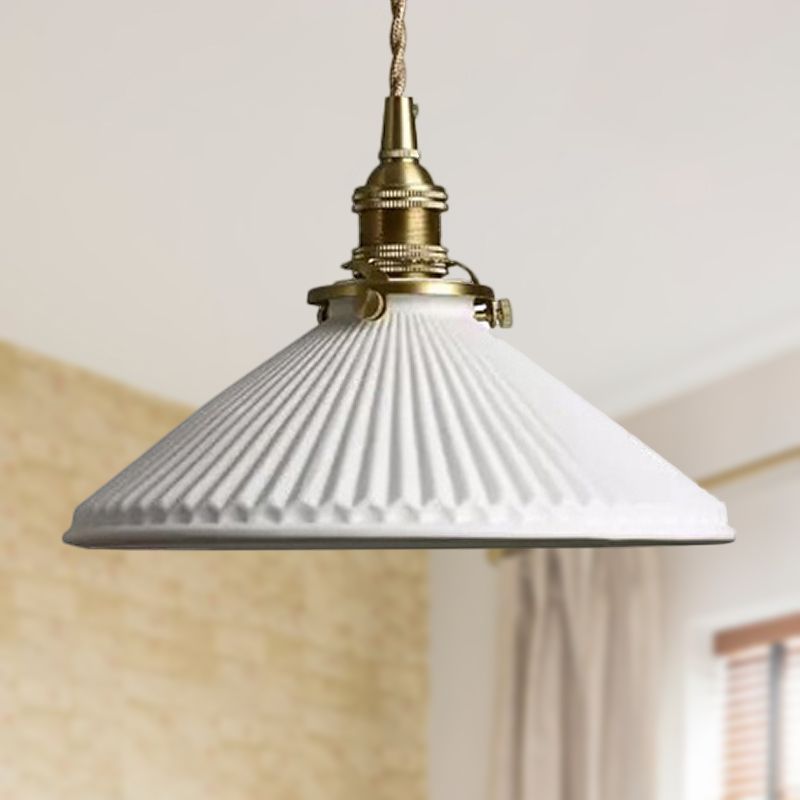Stile industriale Luce a sospensione conica con design a coste 1 Light Ceramics lampada appesa in bianco