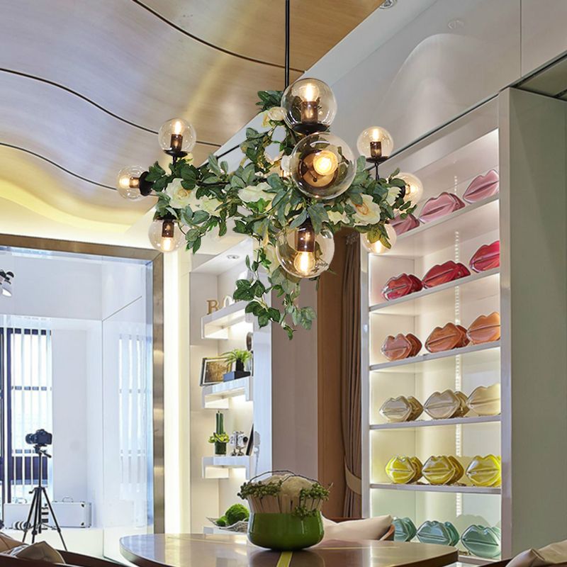 10/14-Bulb Island Pendant Industrial Globe Smoke Gray Glass Hanging Light in Black with Geometric Cage