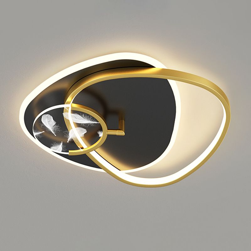 Modern Romantic Feather LED Ceiling Fixture Wrought Iron Geometric Semi Flush Mount for Living Room