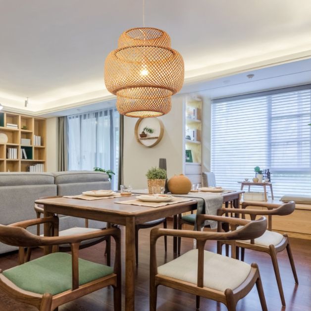 Natural Bamboo Weaving Lantern Hanging Light Asian Style Simplicity 1-Bulb Lighting Fixture in Beige