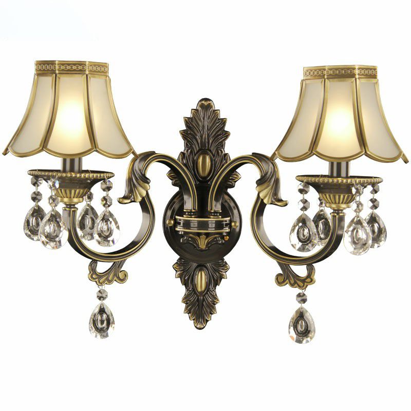 2 Heads Scalloped Wall Light Traditional Gold-Black Opal Glass Sconce Fixture with Crystal Decorations