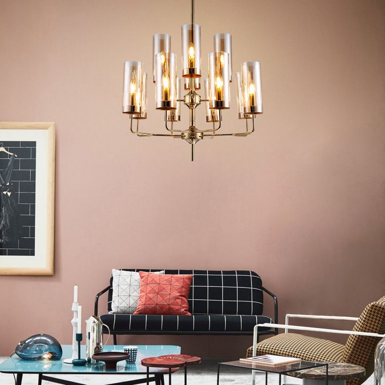 Post-Modern Metal Hanging Chandelier Light Cylindrical Glass Shade Ceiling Chandelier in Gold for Living Room