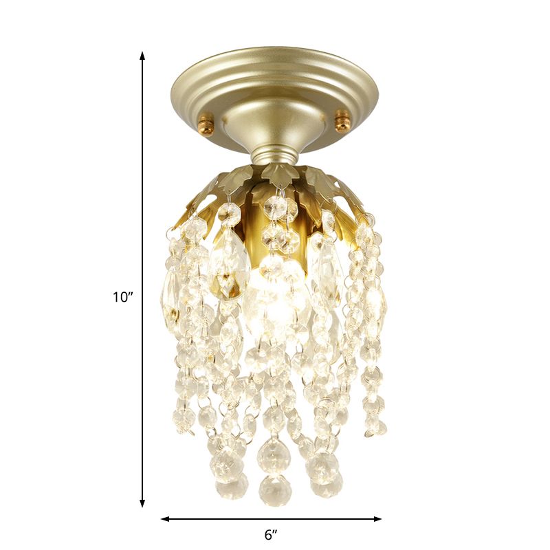 Mini lámpara de techo con acabado de latón, lámpara semiempotrada de 1 luz de metal moderno con cuentas de cristal para pasillo