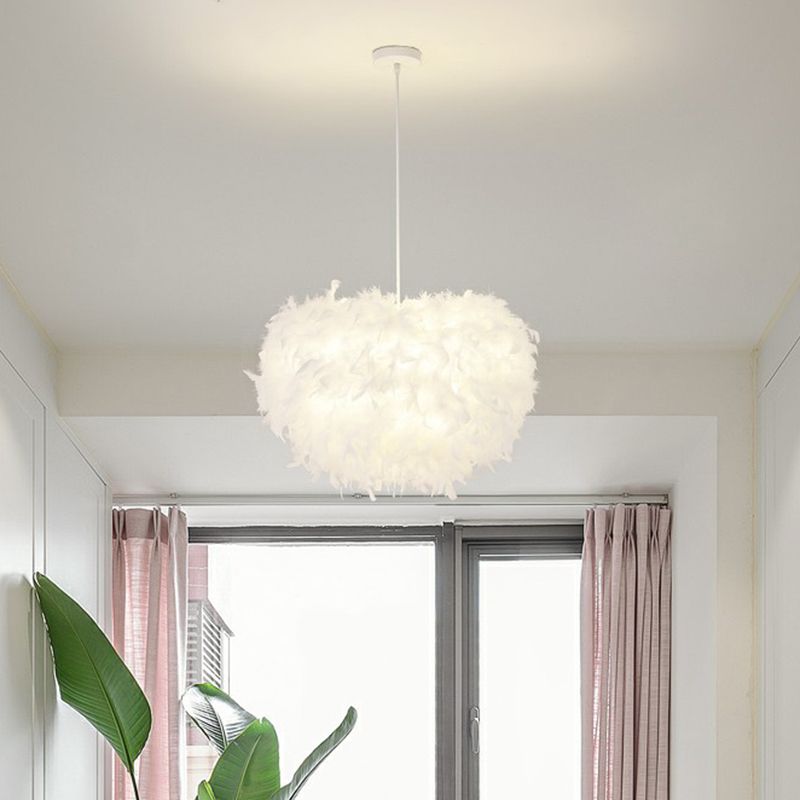 Minimalistic Hemisphere Suspension Light Feather Living Room Pendant Light Fixture in White