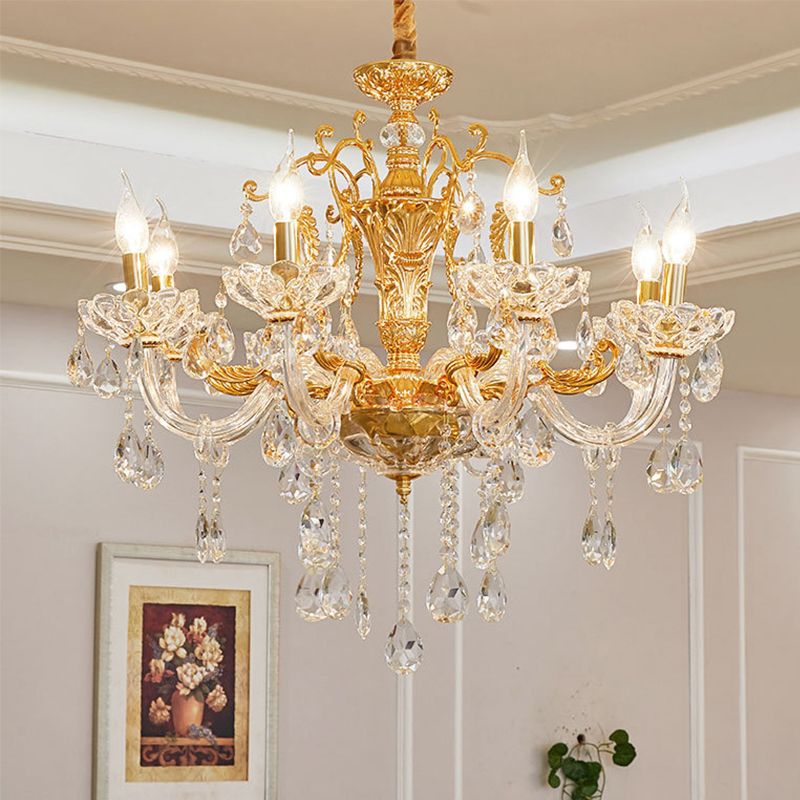 Gold Candelabra Chandelier Light Modernism 8 Heads Metal Pendant Lighting with Dangling Crystal