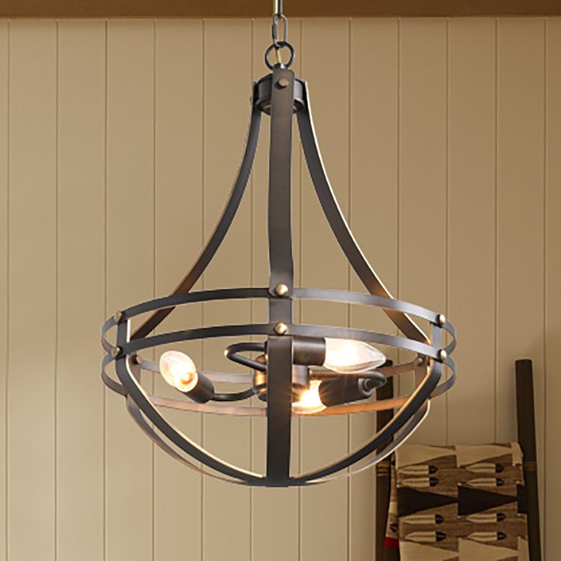 3 Heads Foyer Hanging Chandelier Light Vintage Style Black Pendant Lamp with Bowl Cage Metallic Shade