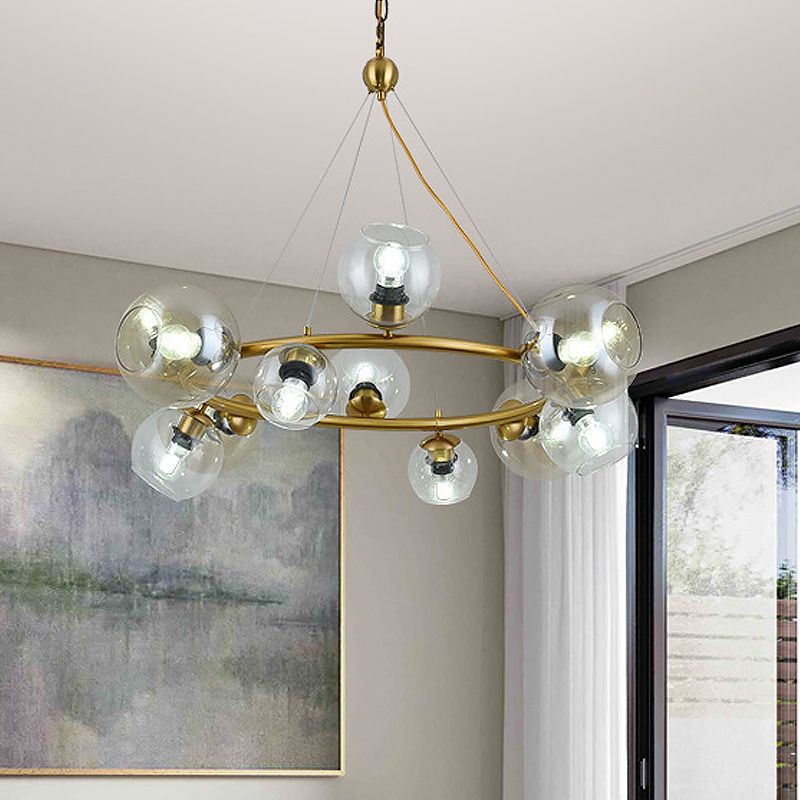 Contemporary 12 Lights Pendant with Clear Glass Shade Brass Round Hanging Ceiling Lamp