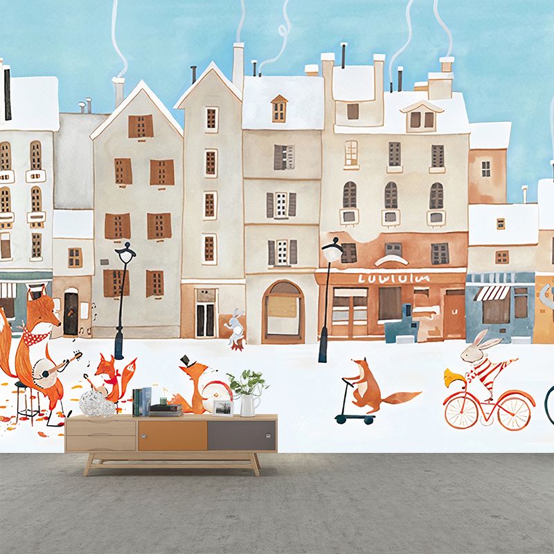 Sky Blue Childrens Art Murals Whole Animal Concert Print Wall Covering for Kids Room