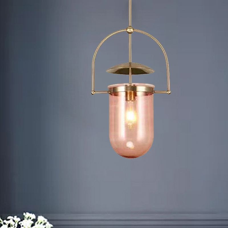 Cilindro de sombra de vidrio Luz de colgante Contemporáneo/rosa 1 Luz de techo colgante de luz con marco negro/dorado