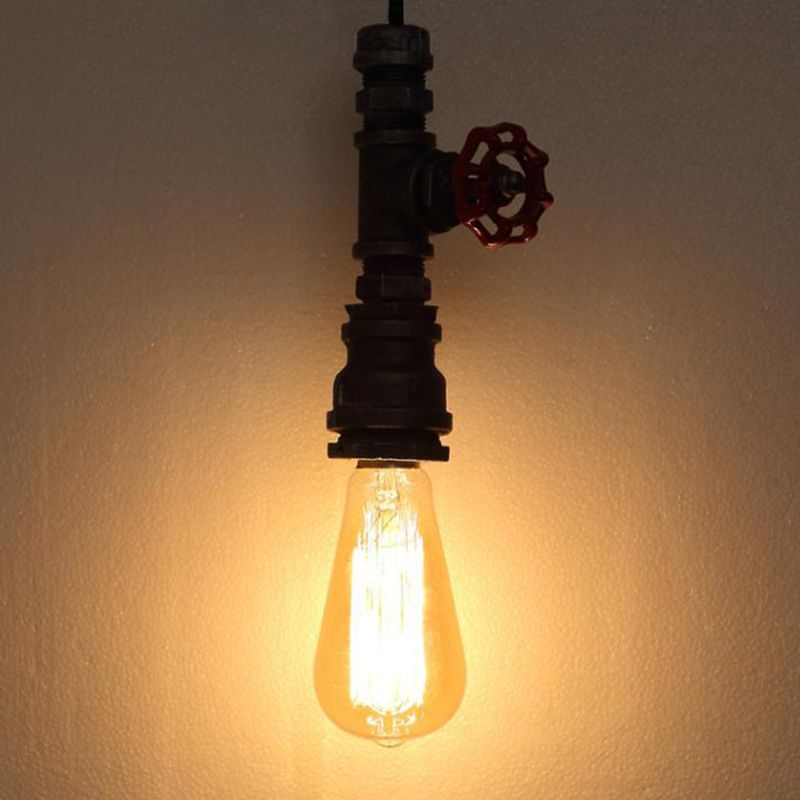 1-Head Wrought Iron Hanging Lamp Industrial Water Pipe Bedside Pendant Light Fixture