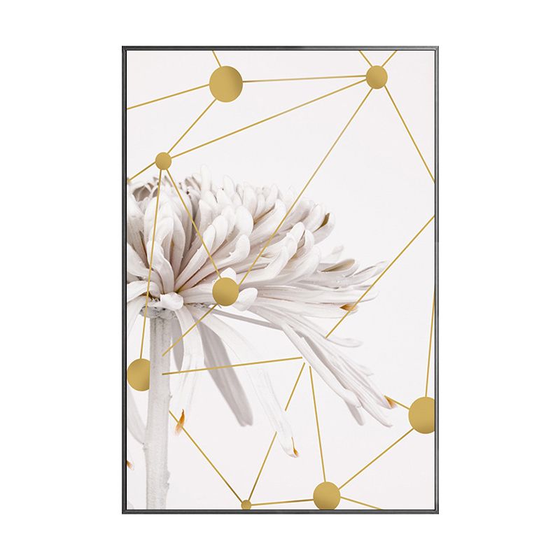 Modern Blooming Chrysanths Art Print White and Gold Geometric Canvas for Living Room