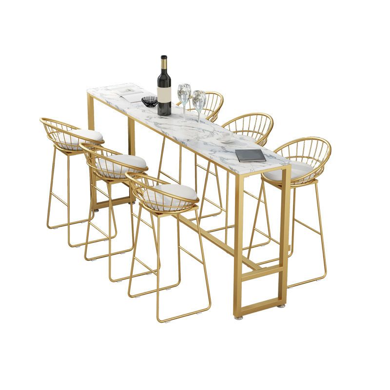 Metal Base Bar Table Rectangular Stone Top Bistro Pub Table with Gold Base