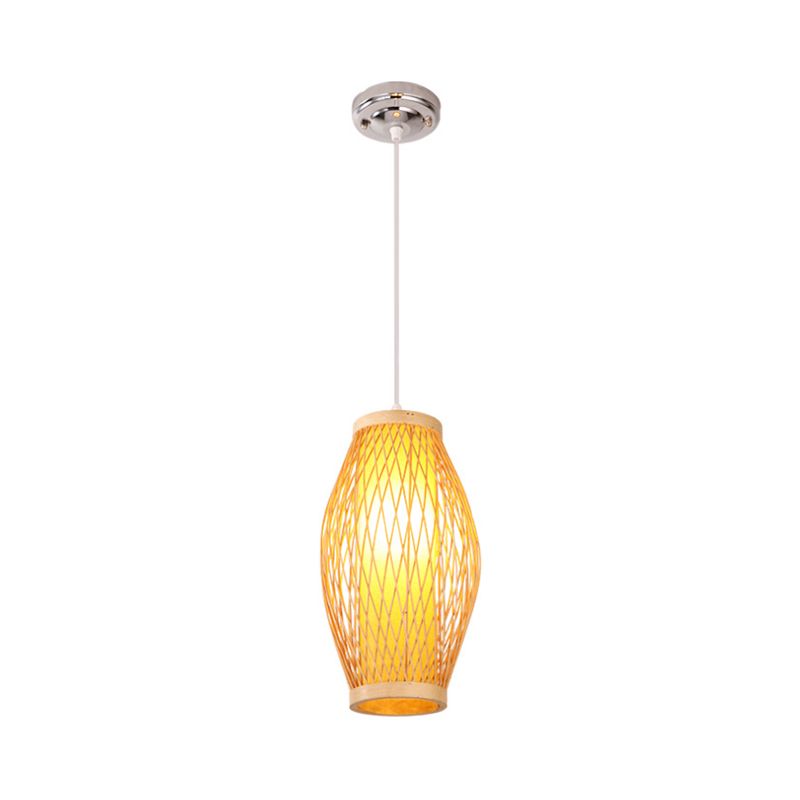 Beige Kreuz gewebter Anhänger hängendes Licht mit ovalem Schatten moderner 1 Kopf Bambus Anhängerlampe, 6 "/9" Breite