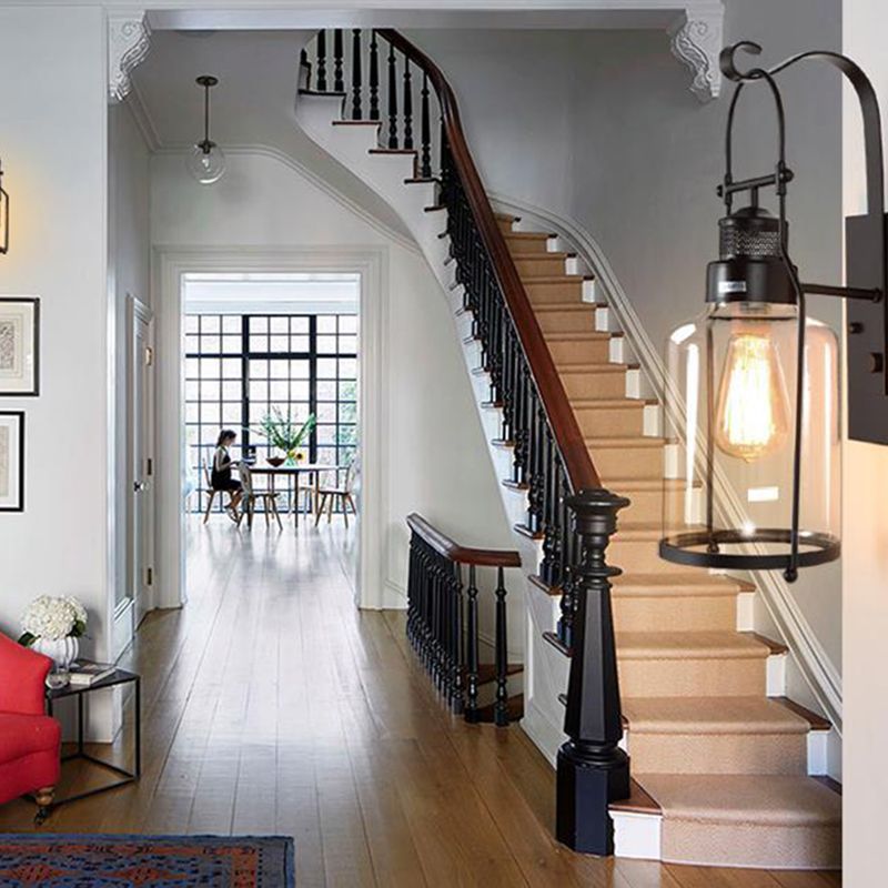 Industrielle Vintage Ein -Wand -Licht schmiedeeisere Innenwandlampe mit klarem Glasschatten
