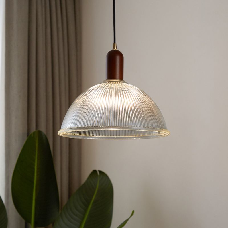 1 Light Bowl Hanging Light Fixtures Vintage Ribbed Glass Ceiling Light for Restaurant