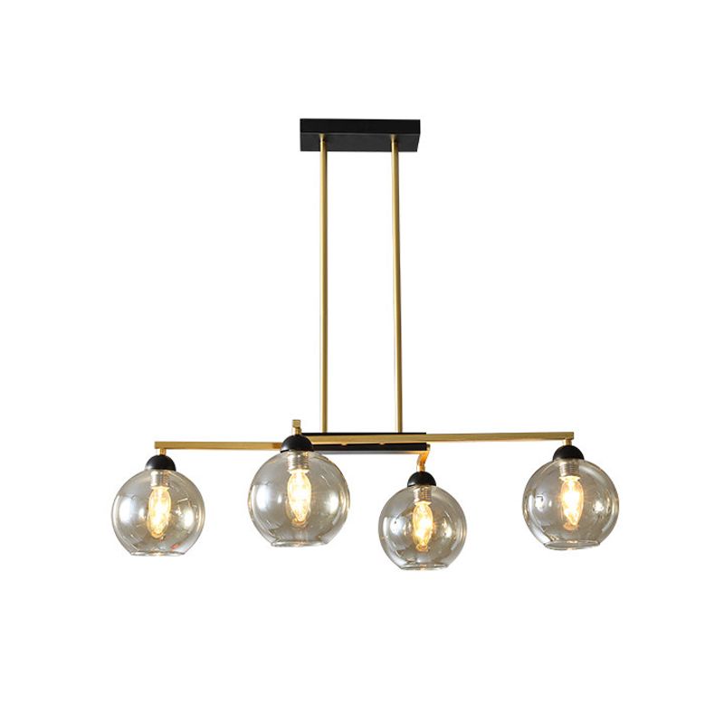 Linear Dining Room Down Lighting Metal 4-Light Simple Chandelier in Brass with Globe Clear Glass Shade