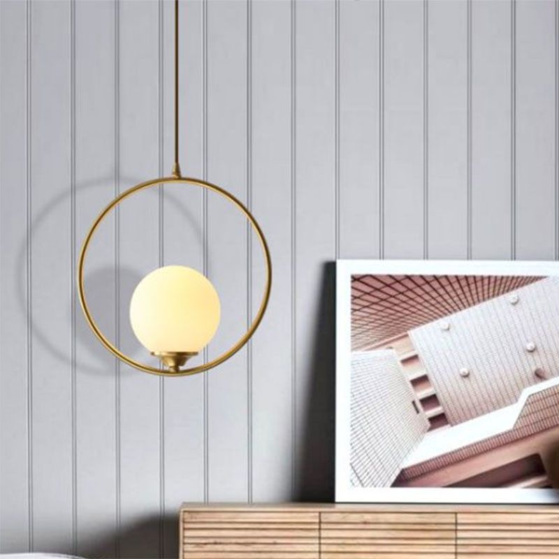 Antiqued Gold Ball Shaped Ceiling Lamp Minimalist 1 Bulb Cream Glass Suspension Light with Ring Decoration