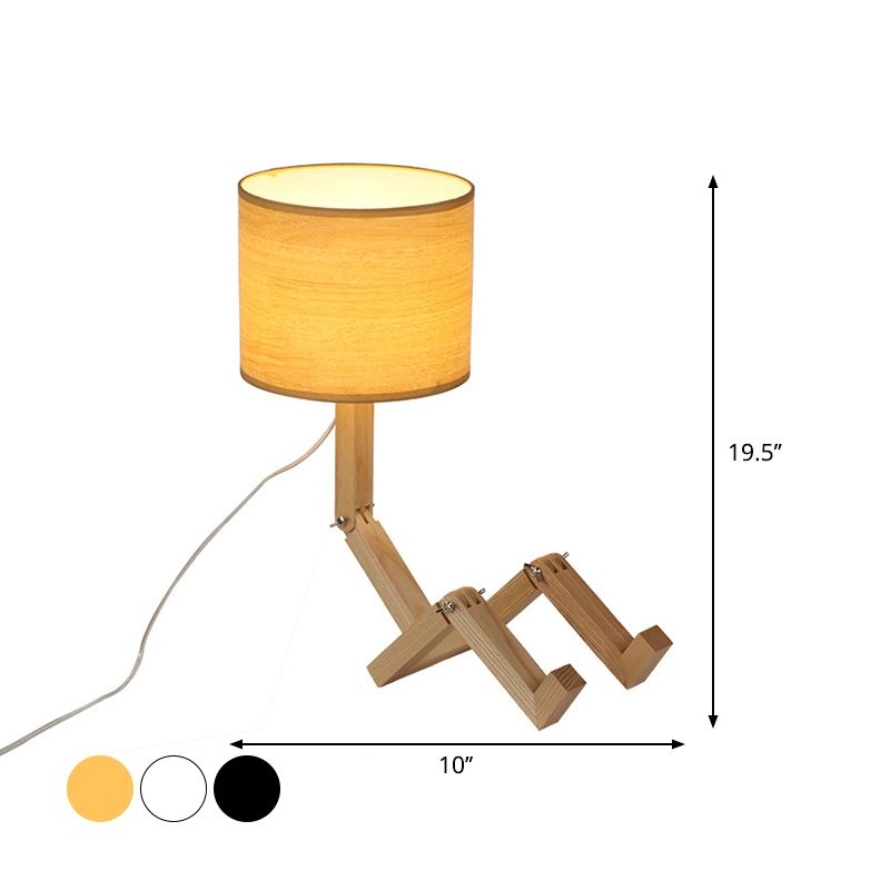 Man-Shaped Table Lamp Novelty Modern Wood Single Beige/Black/White Night Light with Book Rack Design and Cylinder Fabric Shade