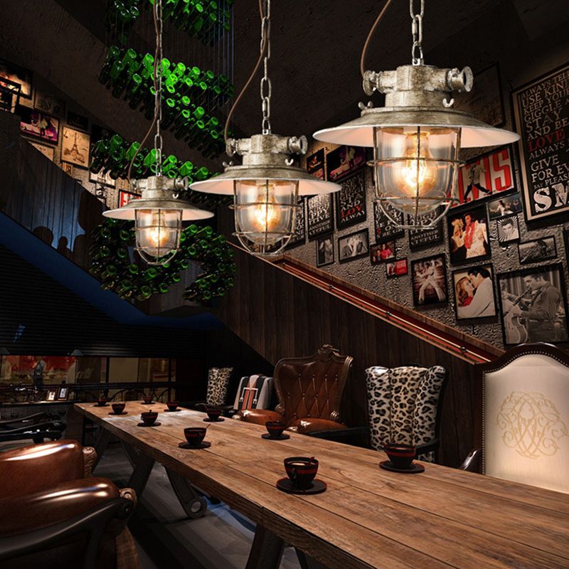 White/Blue 1 Light Pendant Lamp Industrial Metal Wide Flare Hanging Light with Cage