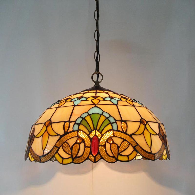 2 têtes Pendre lustre Light Light Retro Style Bol vitrail de la lumière suspendue en beige