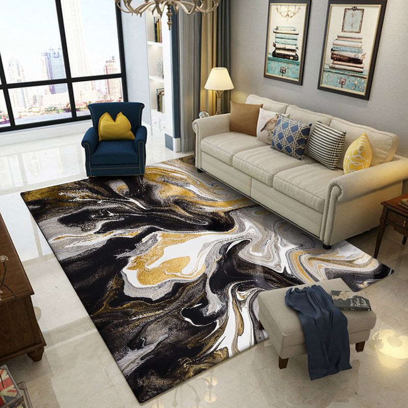 Black and Yellow Bedroom Rug Modern Abstract Marble Pattern Area Rug Polyester Stain-Resistant Washable Carpet