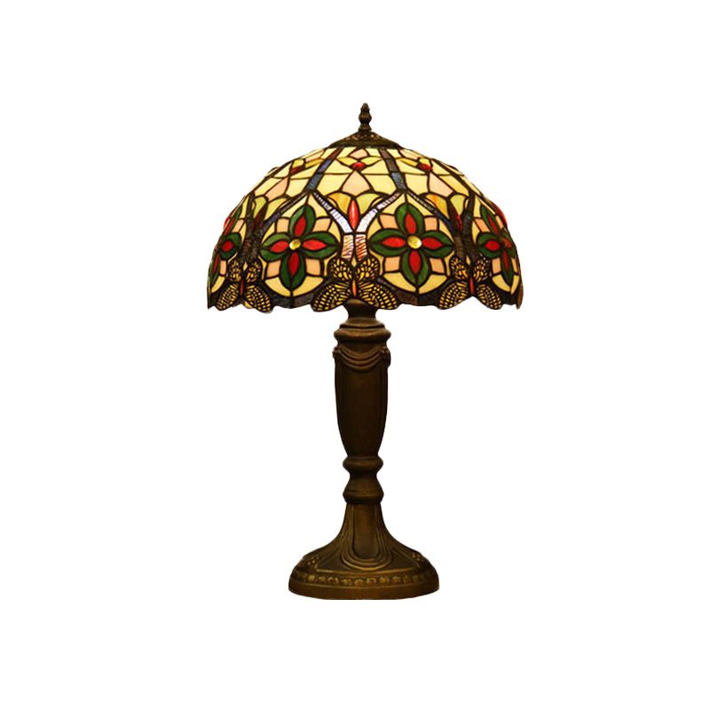 Domed Cut Glass Night Table Light Victorian 1 Light Beige/Orange Floral Patterned Desk Lighting with Blaster